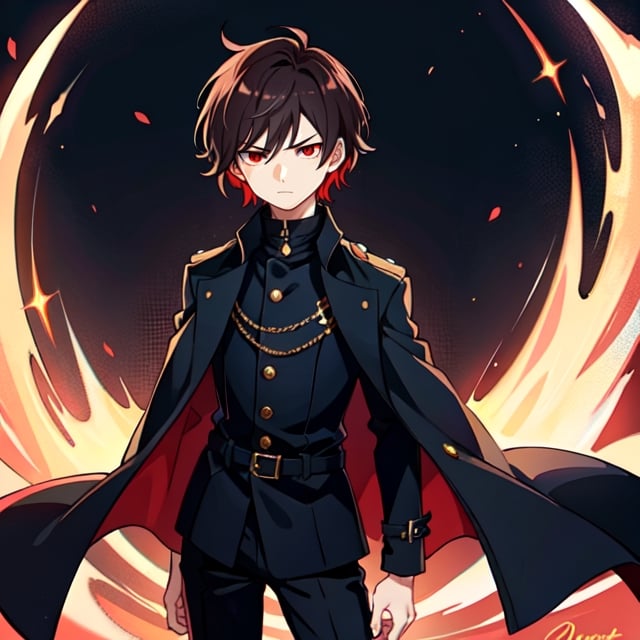 (masterpiece), high quality, 10 year old boy, solo, anime style, short hair, dark brown hair,  serious look, black coat, high-neck trench coat, black pants, red eyes, glowing eyes, red aura.