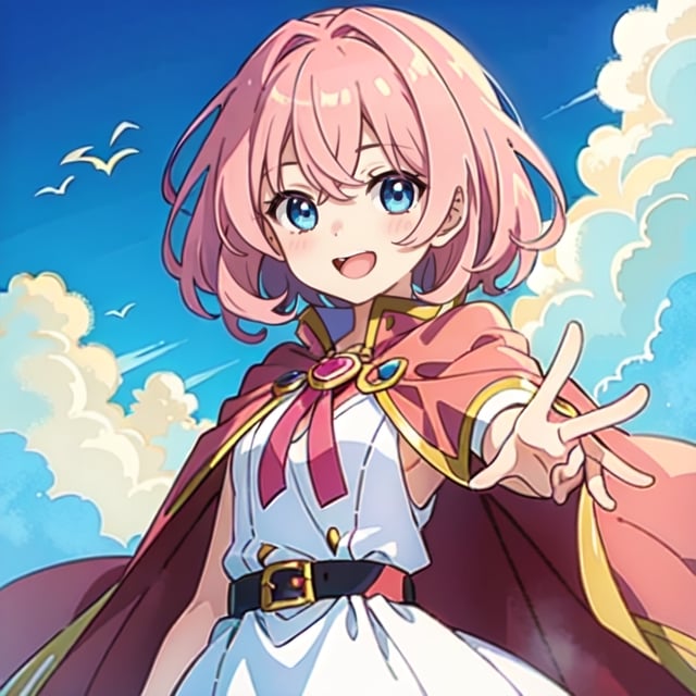 (masterpiece), high quality, 10 year old girl, solo, anime style, medium hair without cap, pink hair, happy look, white dress without details, pink cape, blue eyes, pink aura