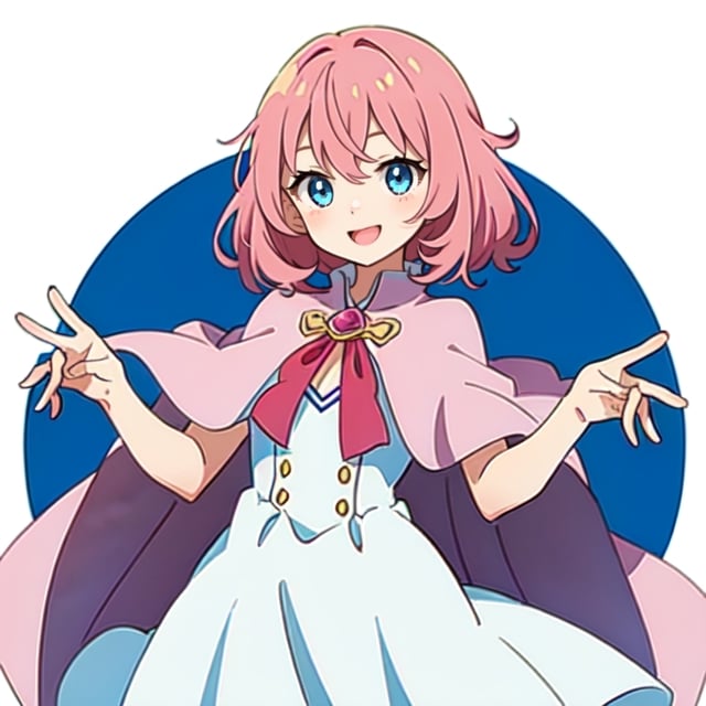 (masterpiece), high quality, 10 year old girl, solo, anime style, medium hair without cap, pink hair, happy look, white dress without details, pink cape, blue eyes, pink aura.