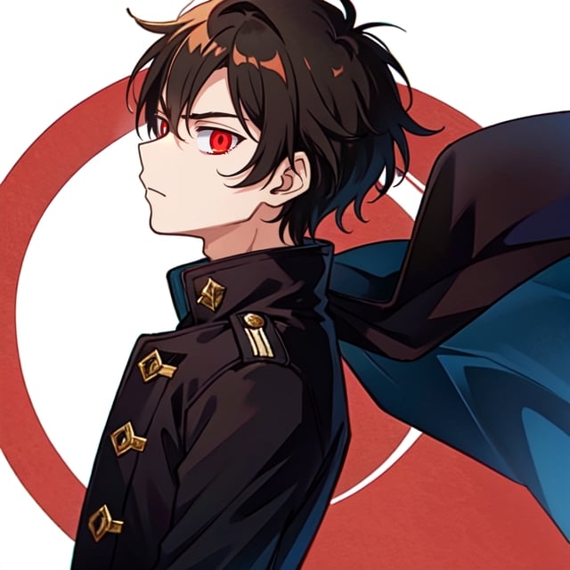 (masterpiece), high quality, 10 year old boy, solo, anime style, profile photo, looking front, only face, short hair, dark brown hair,  serious look, black coat, high-neck trench coat, black pants, red eyes, glowing eyes, red aura.