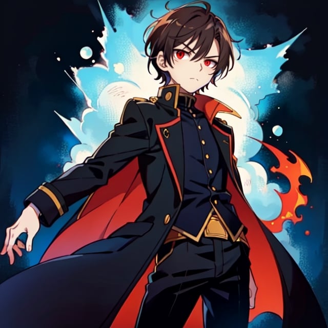 (masterpiece), high quality, 10 year old boy, solo, anime style, short hair, dark brown hair,  serious look, black coat, high-neck trench coat, black pants, red eyes, glowing eyes, red aura.