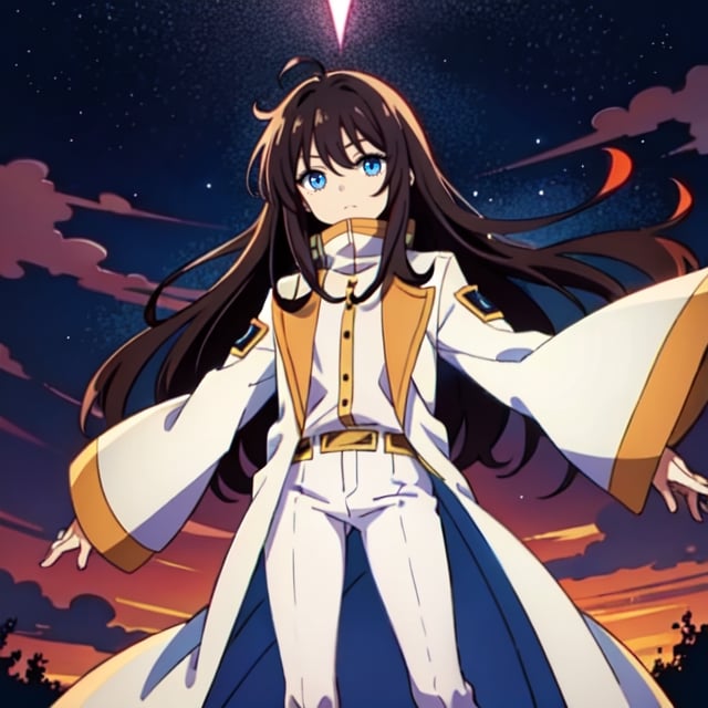 (masterpiece), high quality, 8 year old girl, solo, anime style, long hair, dark brown hair, peaceful look, only white clothes, solo white, plain white coat, plain white turtleneck trench coat, plain white pants,  blue eyes,  glowing eyes, yellow aura