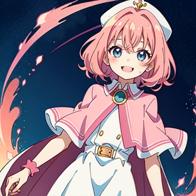 (masterpiece), high quality, 10 year old girl, solo, anime style, medium hair, pink hair, happy look, white dress, pink cape, blue eyes, pink aura