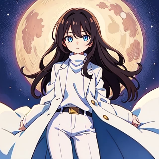 (masterpiece), high quality, 8 year old girl, solo, anime style, long hair, dark brown hair, peaceful look, only white clothes, solo white, plain white coat, plain white turtleneck trench coat, plain white pants,  blue eyes,  glowing eyes, yellow aura