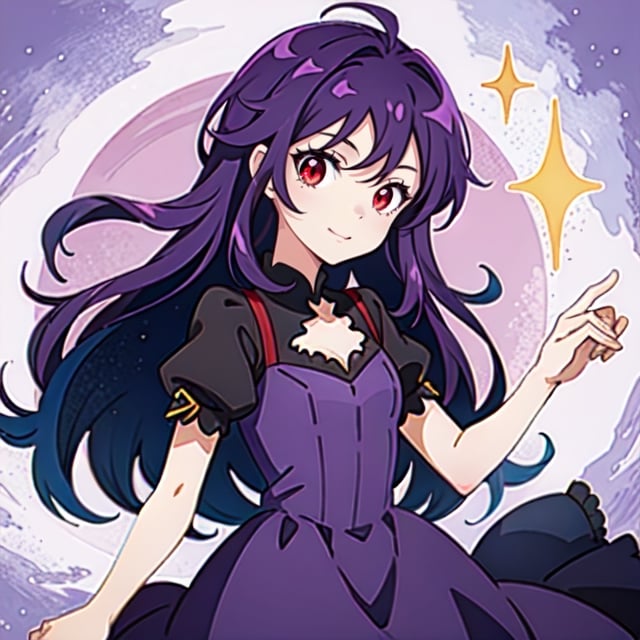 (masterpiece), high quality, 10 year old girl, solo, anime style, long hair, dark purple hair, happy look, purple dress, red eyes with some yellow, purple aura