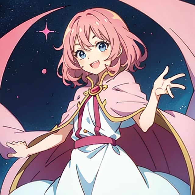 (masterpiece), high quality, 10 year old girl, solo, anime style, medium hair without cap, pink hair, happy look, simple white dress, pink cape, blue eyes, pink aura.