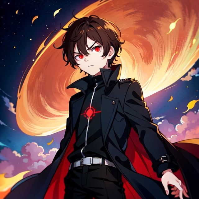 (masterpiece), high quality, 10 year old boy, solo, anime style, short hair, dark brown hair,  serious look, black coat, high-neck trench coat, black pants, red eyes, glowing eyes, red aura.