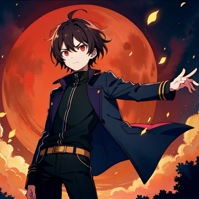 (masterpiece), high quality, 10 year old boy, solo, anime style, short hair, dark brown hair,  serious look, black coat, high-neck trench coat, black pants, red eyes, glowing eyes, red aura.