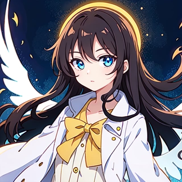 (masterpiece), high quality, 10 year old girl, solo, anime style, long hair, dark brown hair, peaceful look, angelic white dress, high collar trench coat, blue eyes, glowing eyes, yellow aura