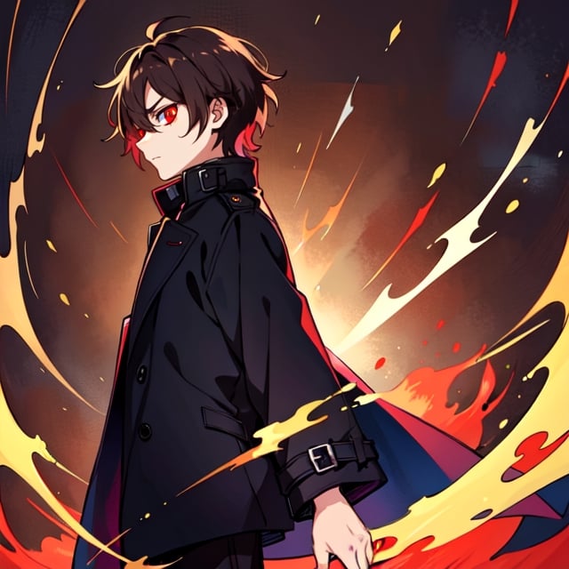 (masterpiece), high quality, 10 year old boy, solo, anime style, profile photo, looking front, only face, short hair, dark brown hair,  serious look, black coat, high-neck trench coat, black pants, red eyes, glowing eyes, red aura.