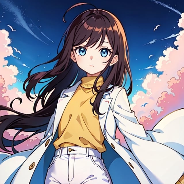 (masterpiece), high quality, 8 year old girl, solo, anime style, long hair, dark brown hair, peaceful look, plain white coat, plain white turtleneck trench coat, plain white pants,  blue eyes,  glowing eyes, yellow aura