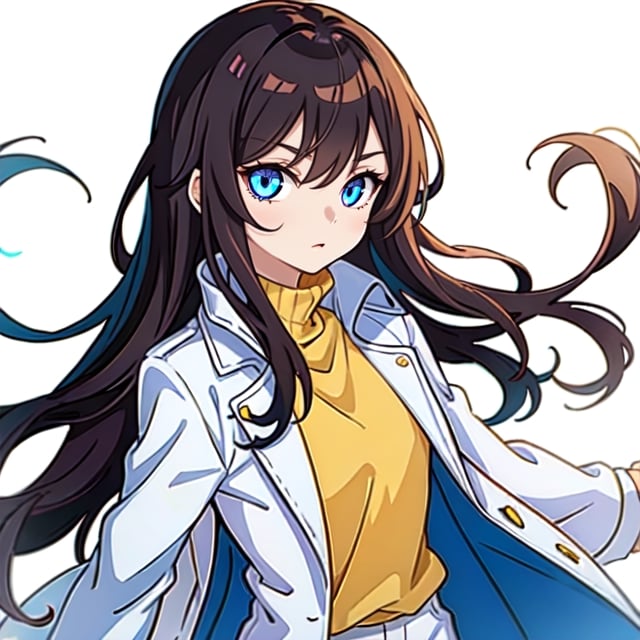 (masterpiece), high quality, 8 year old girl, solo, anime style, long hair, dark brown hair, peaceful look, plain white coat, plain white turtleneck trench coat, plain white pants,  blue eyes,  glowing eyes, yellow aura