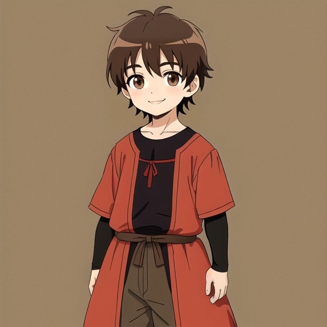 Little boy, dark brown hair, dark brown eyes, smiling slightly, medieval clothing, anime style.