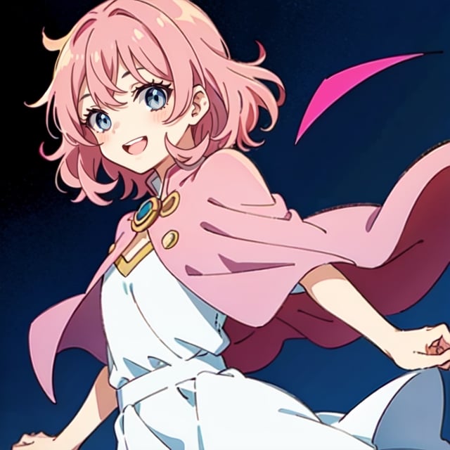 (masterpiece), high quality, 10 year old girl, solo, anime style, medium hair without cap, pink hair, happy look, simple white dress, pink cape, blue eyes, pink aura.