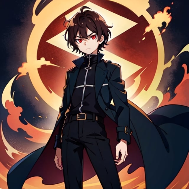 (masterpiece), high quality, 10 year old boy, solo, anime style, short hair, dark brown hair,  serious look, black coat, high-neck trench coat, black pants, red eyes, glowing eyes, red aura.