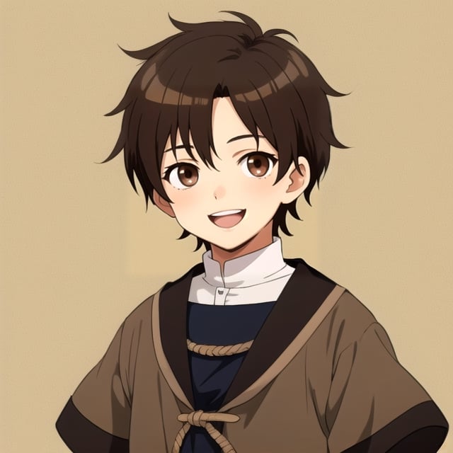 Little boy, dark brown hair, dark brown eyes, happy, medieval clothes, anime style.