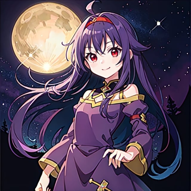 (masterpiece), high quality, 10 year old girl, solo, anime style, long hair, dark purple hair, happy look, purple villager dress, red eyes with some yellow, purple aura,Konno_Yuuki