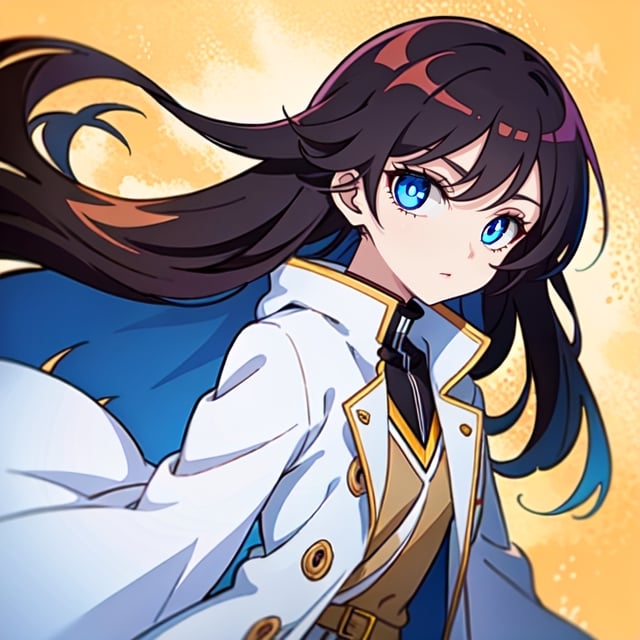 (masterpiece), high quality, 10 year old girl, solo, anime style, long hair, dark brown hair, peaceful look, white dress, high collar trench coat, blue eyes, glowing eyes, yellow aura