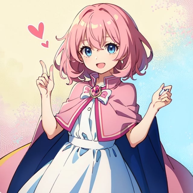 (masterpiece), high quality, 10 year old girl, solo, anime style, medium hair, pink hair, happy look, white dress, pink cape, blue eyes, pink aura