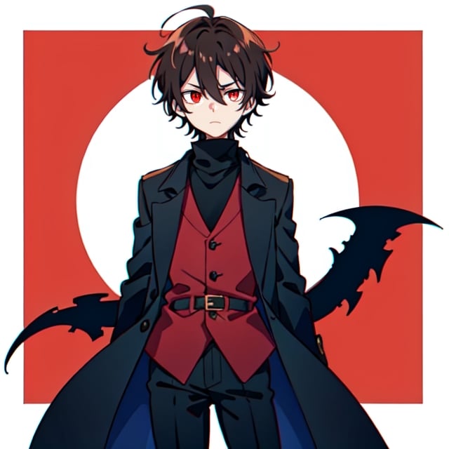 10 year old boy, solo, anime style, short hair, hair between eyes, dark brown hair, serious look, black coat, black turtleneck trench coat, black pants, white skin, red eyes, bright eyes, primary color black, secondary color red, white background