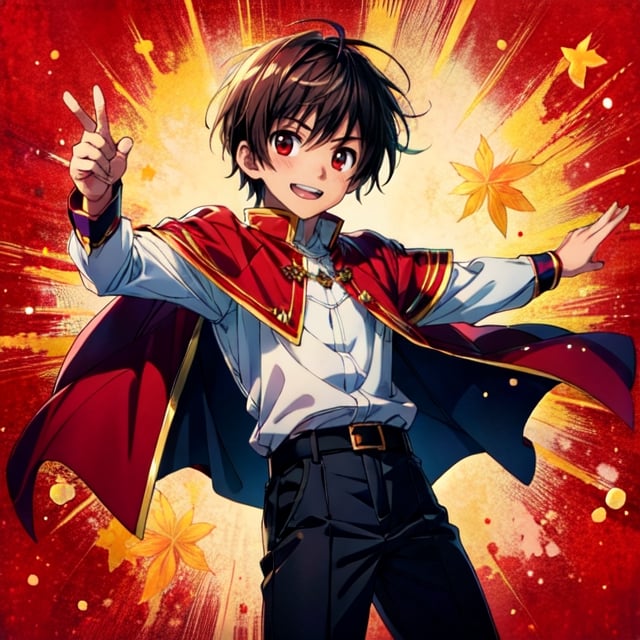 (masterpiece), high quality, 1 little kid, male, solo, anime style, very short hair, dark brown hair, dark brown eyes, smile, medieval clothing, white shirt with red details, black pants