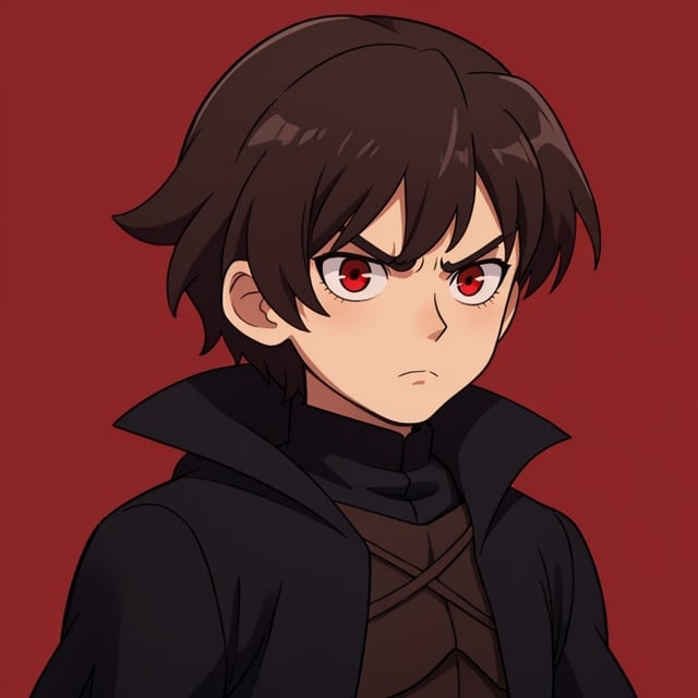 Kid named Zarek, dressed in a medieval dark knight costume, short dark brown hair, red eyes, serious expression, war background.