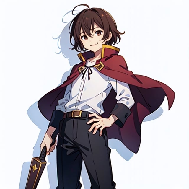 (masterpiece), high quality, 10 year old kid, solo, anime style, short hair, dark brown hair, calm look, smiling, white villager shirt, gray sleeves, red cape with white, black pants, brown boots, brown eyes dark, standing,SHADOW