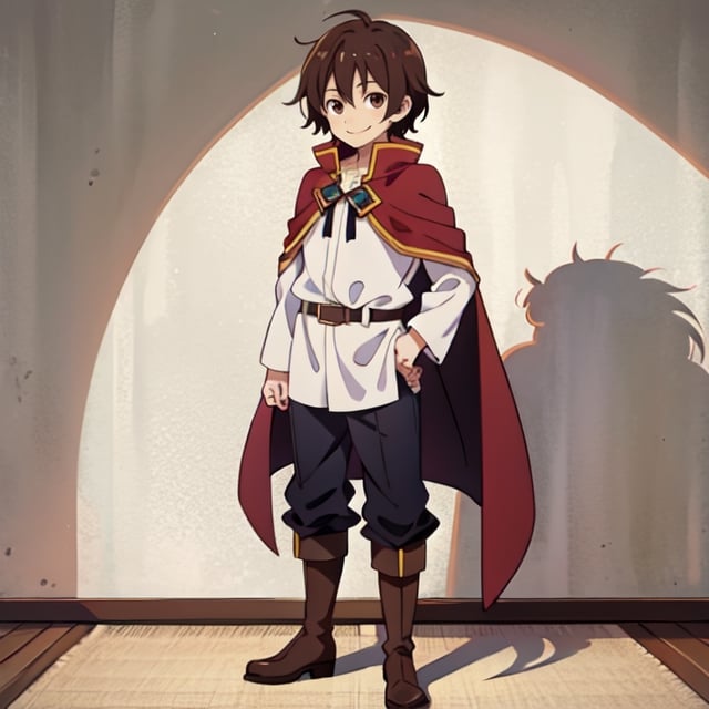 (masterpiece), high quality, 10 year old kid, solo, anime style, short hair, dark brown hair, calm look, smiling, white villager shirt, gray sleeves, red cape with white, black pants, brown boots, brown eyes dark, standing,SHADOW