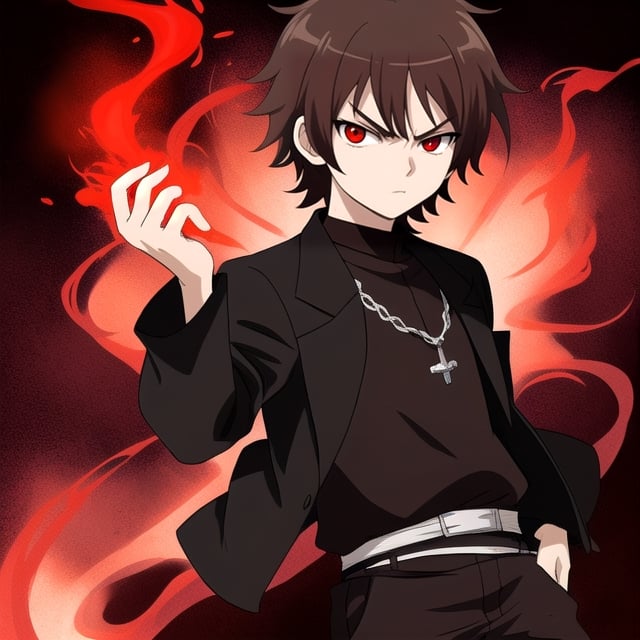 Little boy, dark brown hair, red eyes, serious look, wearing a medieval dark knight costume, anime style, with a red aura surrounding the character.