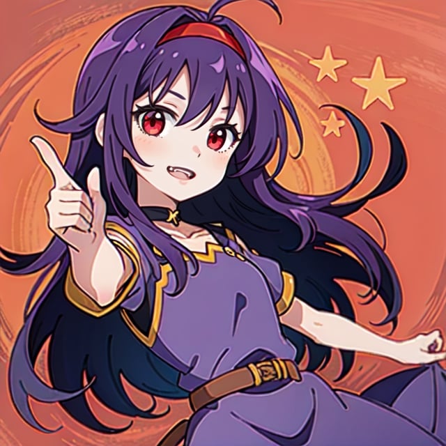 (masterpiece), high quality, 10 year old girl, solo, anime style, long hair, dark purple hair, happy look, purple villager dress, red eyes with some yellow, purple aura,Konno_Yuuki