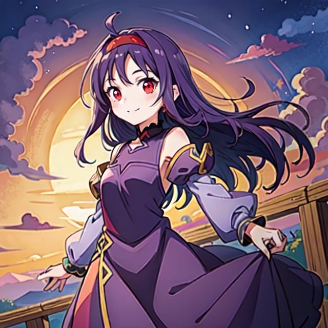 (masterpiece), high quality, 10 year old girl, solo, anime style, long hair, dark purple hair, happy look, purple villager dress, red eyes with some yellow, purple aura,Konno_Yuuki