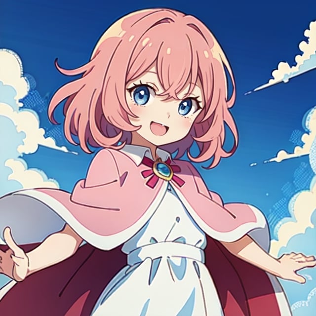 (masterpiece), high quality, 10 year old girl, solo, anime style, medium hair, pink hair, happy look, white dress, pink cape, blue eyes, pink aura