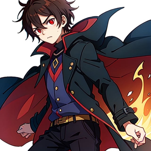 (masterpiece), high quality, 10 year old boy, solo, anime style, short hair, dark brown hair,  serious look, black coat, high-neck trench coat, black pants, red eyes, glowing eyes, red aura.