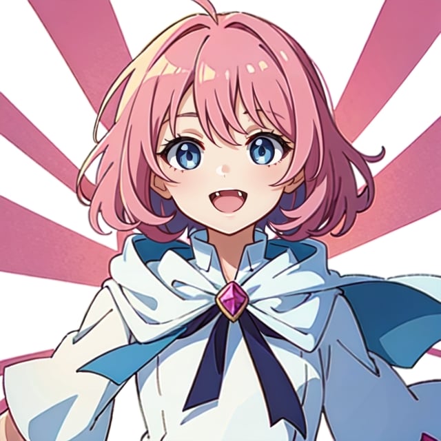 (masterpiece), high quality, 10 year old girl, solo, anime style, medium hair without cap, pink hair, happy look, white dress without details, pink cape, blue eyes, pink aura.