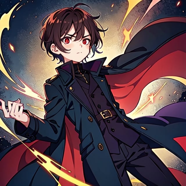 (masterpiece), high quality, 10 year old boy, solo, anime style, short hair, dark brown hair,  serious look, black coat, high-neck trench coat, black pants, red eyes, glowing eyes, red aura.