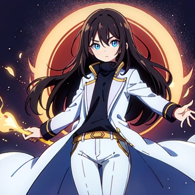 (masterpiece), high quality, 8 year old girl, solo, anime style, long hair, dark brown hair, peaceful look, only white clothes, solo white, plain white coat, plain white turtleneck trench coat, plain white pants,  blue eyes,  glowing eyes, yellow aura