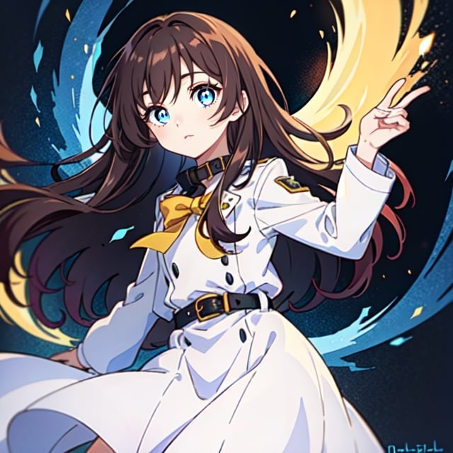 (masterpiece), high quality, 10 year old girl, solo, anime style, long hair, dark brown hair, peaceful look, white dress, high collar trench coat, blue eyes, glowing eyes, yellow aura