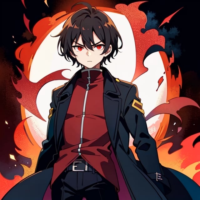 (masterpiece), high quality, 10 year old boy, solo, anime style, short hair, dark brown hair,  serious look, black coat, high-neck trench coat, black pants, red clothing details, red eyes, glowing eyes, red aura.