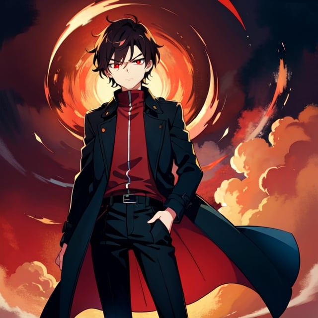 (masterpiece), high quality, 10 year old boy, solo, anime style, short hair, dark brown hair,  serious look, black coat, high-neck trench coat, black pants, red eyes, glowing eyes, red aura.