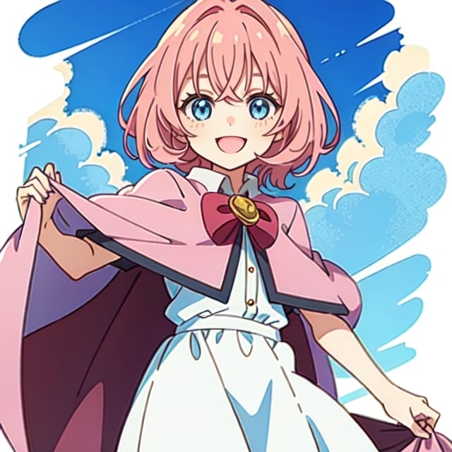 (masterpiece), high quality, 10 year old girl, solo, anime style, medium hair without cap, pink hair, happy look, simple white dress, pink cape, blue eyes, pink aura.