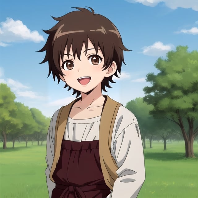 Little boy, dark brown hair, dark brown eyes, happy, medieval clothes, anime style.