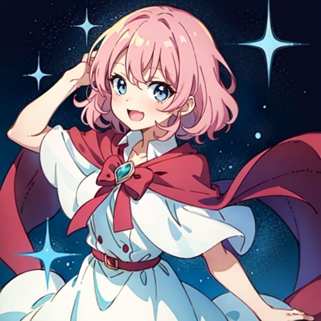 (masterpiece), high quality, 10 year old girl, solo, anime style, medium hair without cap, pink hair, happy look, white dress without details, pink cape, blue eyes, pink aura