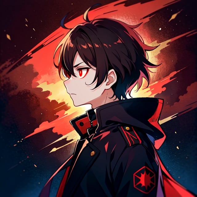 (masterpiece), high quality, 10 year old boy, solo, anime style, profile photo, looking front, only face, short hair, dark brown hair,  serious look, black coat, high-neck trench coat, black pants, red eyes, glowing eyes, red aura.