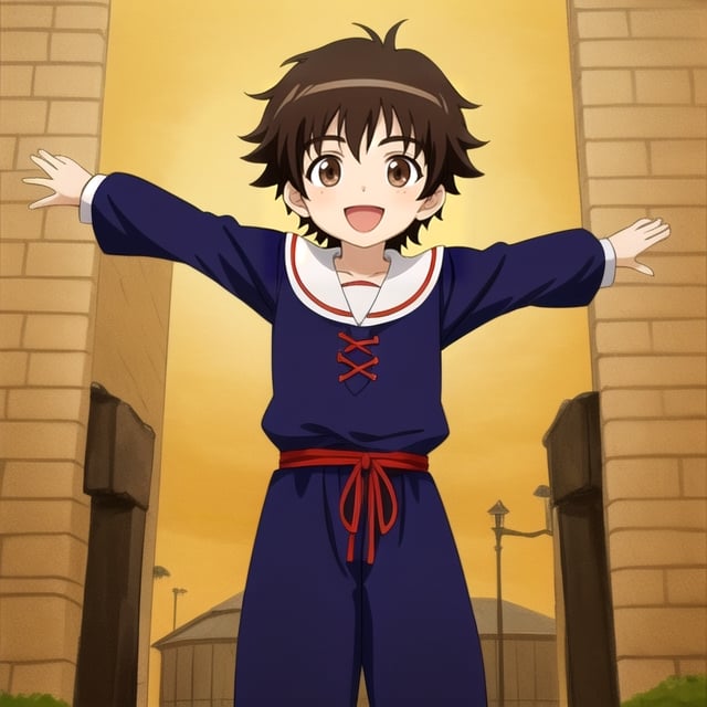 Little boy, dark brown hair, dark brown eyes, happy, medieval clothes, anime style.