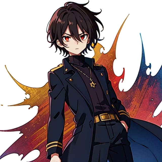 10 year old boy, solo, anime style, short hair, hair between eyes, dark brown hair, serious look, black coat, black turtleneck trench coat, black pants, white skin, red eyes, bright eyes, primary color black, secondary color red, red aura