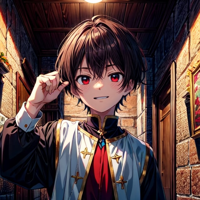 (masterpiece), high quality, 1 little kid, male, solo, anime style, very short hair, dark brown hair,   smile, white and red medieval boy clothes.