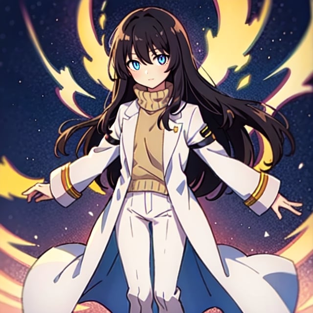 (masterpiece), high quality, 8 year old girl, solo, anime style, long hair, dark brown hair, peaceful look, only white clothes, solo white, plain white coat, plain white turtleneck trench coat, plain white pants,  blue eyes,  glowing eyes, yellow aura