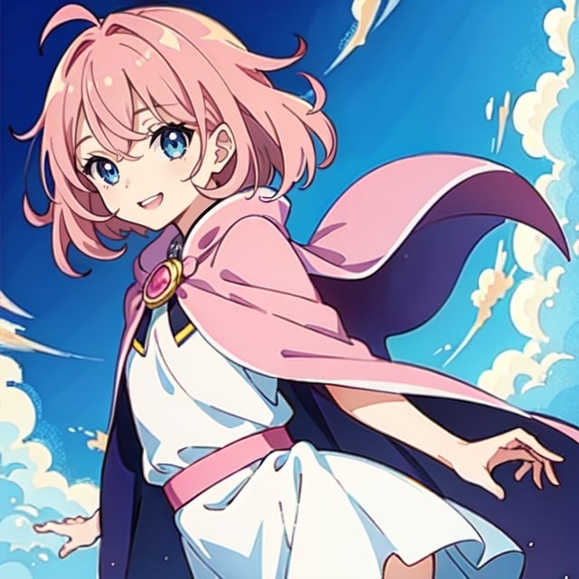 (masterpiece), high quality, 10 year old girl, solo, anime style, medium hair without cap, pink hair, happy look, white dress without details, pink cape, blue eyes, pink aura.