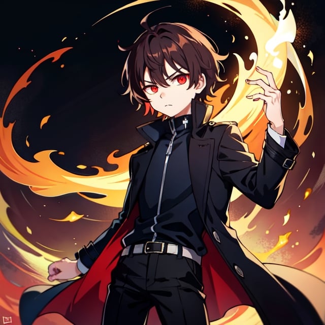 (masterpiece), high quality, 10 year old boy, solo, anime style, short hair, dark brown hair,  serious look, black coat, high-neck trench coat, black pants, red eyes, glowing eyes, red aura.