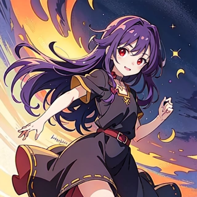 (masterpiece), high quality, 10 year old girl, solo, anime style, long hair, dark purple hair, happy look, purple villager dress, red eyes with some yellow, purple aura,Konno_Yuuki